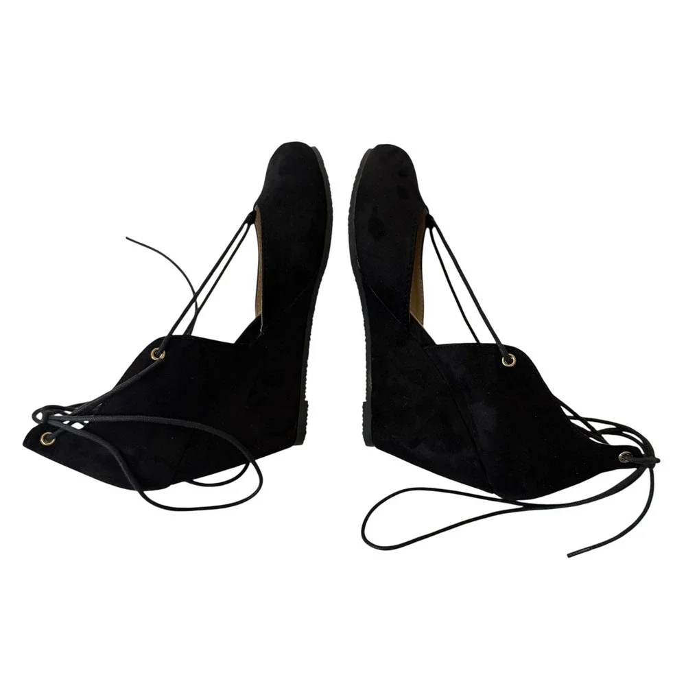 Bella Marie Black Suede Lace Up Wedge Heels Women's Dress‎ Shoes 7.5 #S-2